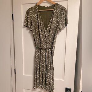 Army green floral tie waist wrap dress